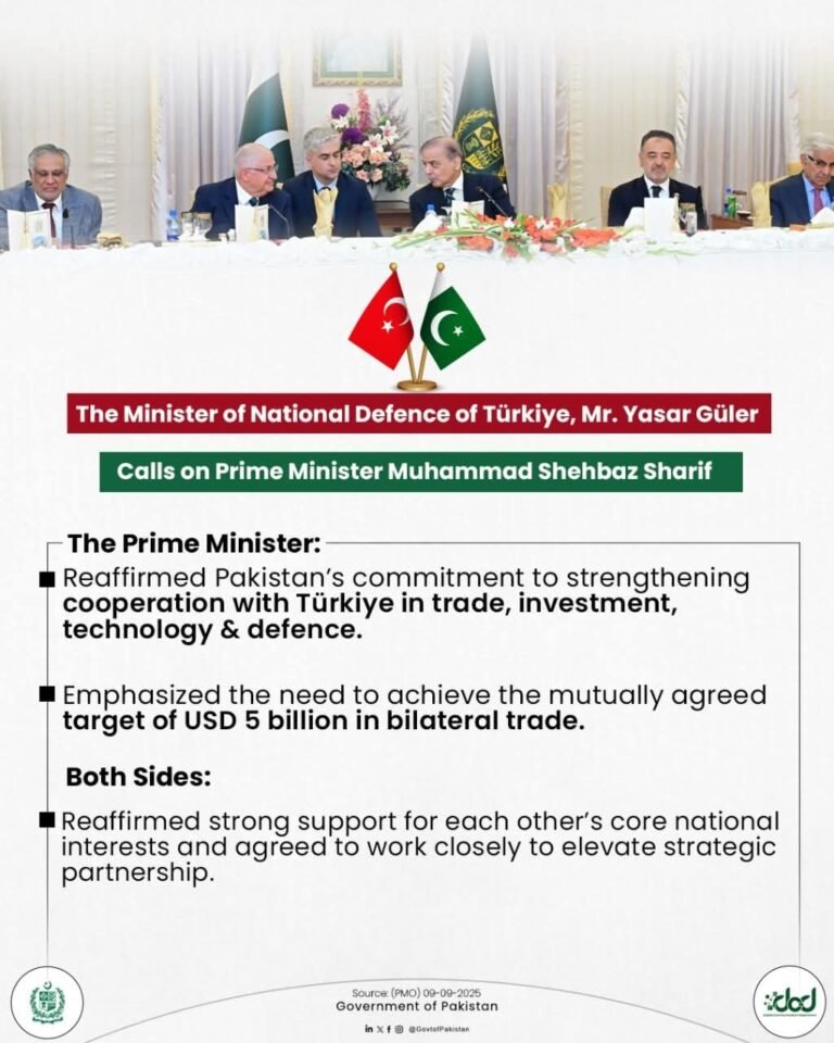 ترک وزیر دفاع یاشار گلر کی وزیراعظم شہباز شریف سے ملاقات، پاک ترک تعلقات مزید مضبوط بنانے کے عزم کا اعادہ
