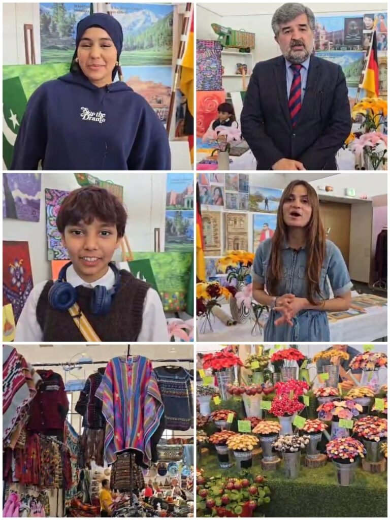   برلن میں بازار برلن کی رنگا رنگ نمائش میں پاکستانی نژاد ننھے آرٹسٹوں کے فن پاروں کی دھومنمائش کے انعقاد میں سفارتخانہ پاکستان برلن کی راشدہ باجوہ اور حناء ملک کا بھرپور کردار