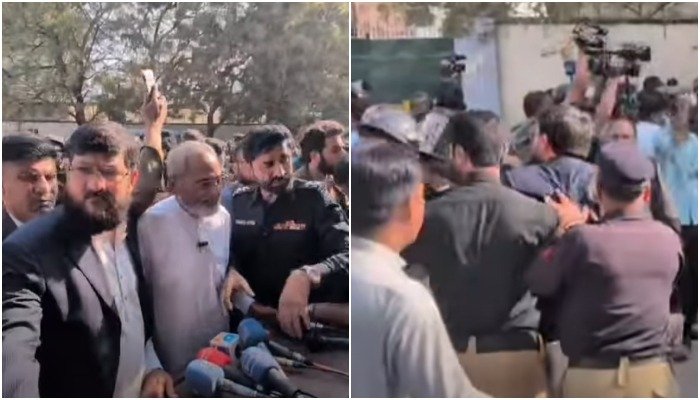 کراچی: الیکشن کمیشن آفس کے باہر جماعت اسلامی کی پریس کانفرنس پر پولیس کریک ڈاؤن، رکن سندھ اسمبلی سمیت متعدد رہنما حراست میں