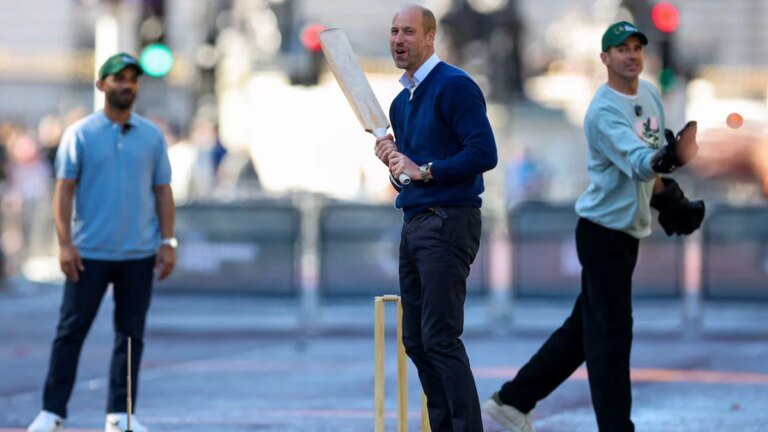 Prince William stops traffic outside Buckingham Palace for a game of cricket