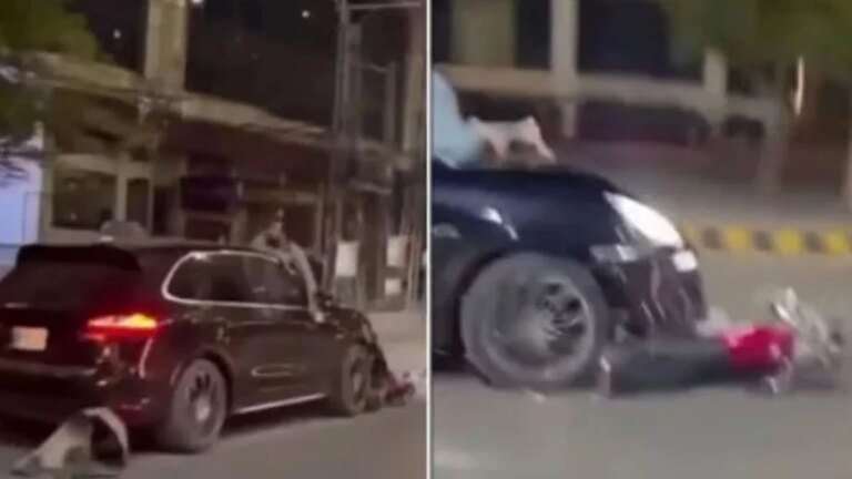 Viral video shows car dragging motorcycle as rider clings to bonnet on Murree Road