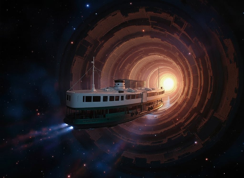 Nano banana produced this image with the prompt, ‘Turn the Star Ferry into a spacecraft traversing a wormhole in space’. Photo: Nano Banana