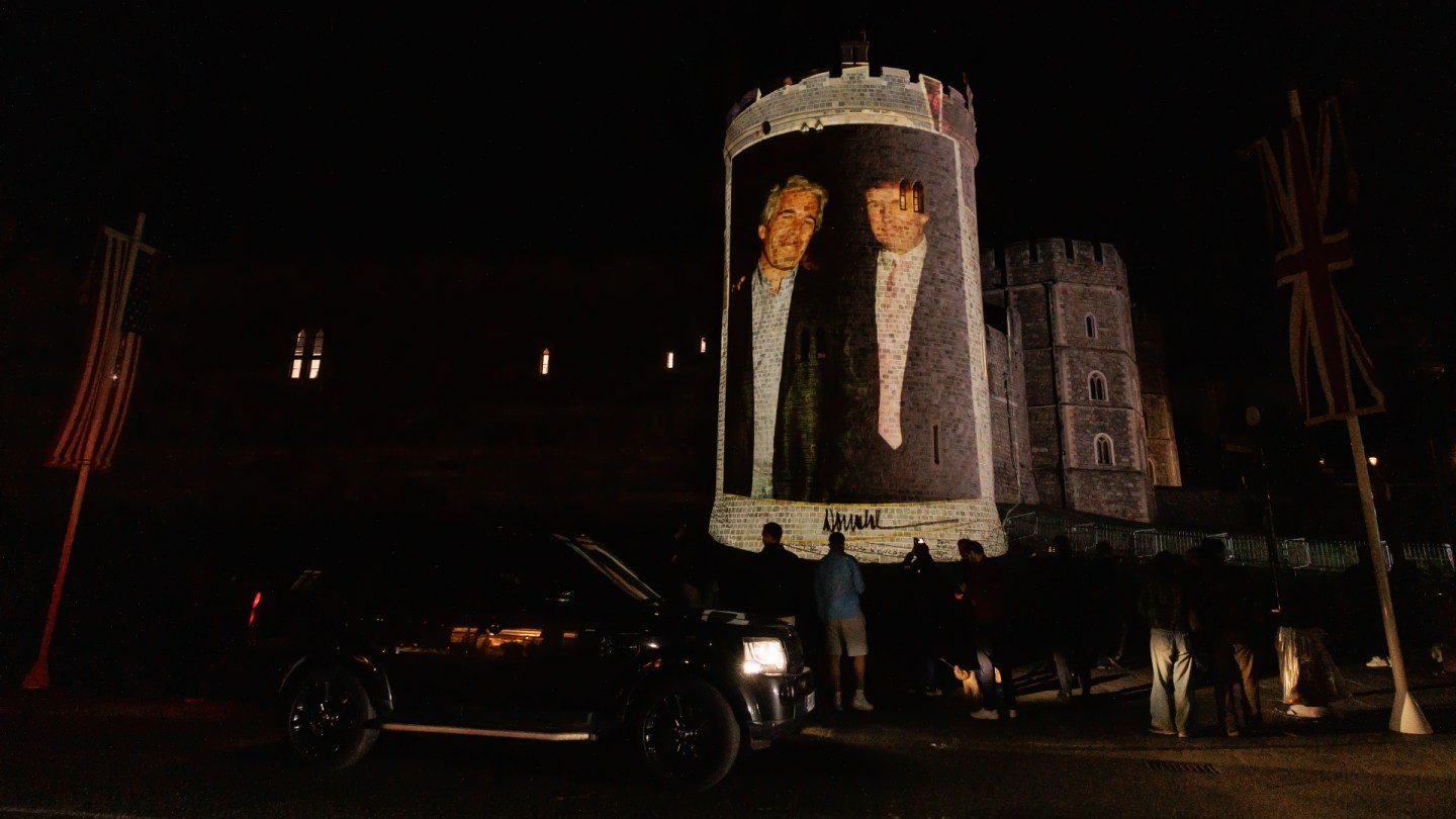 Trump and Epstein Photos Projected Onto Windsor Castle — and Four Men Arrested — as President Meets With Royal Family