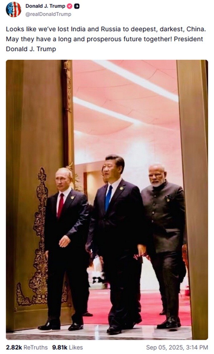 Trump Says U.S. May Have Lost India and Russia to China, Wishes Them a Prosperous Future