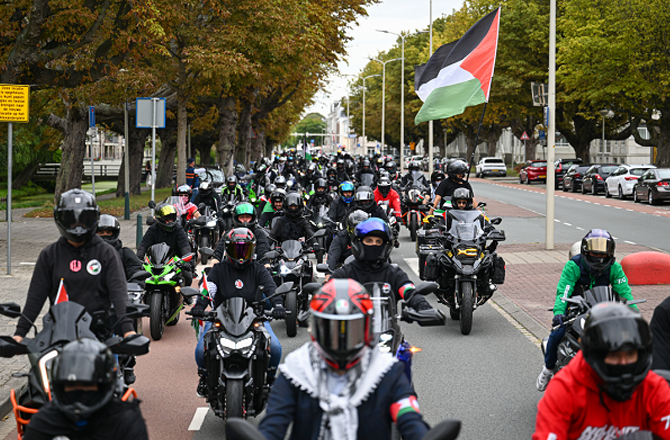 Bikers in The Hague Rally in Support of Gaza; Participants from Netherlands, Germany, and Belgium