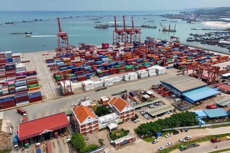 Shipping containers are seen at a port in Sihanoukville, Cambodia, earlier this year. Photo: AFP
