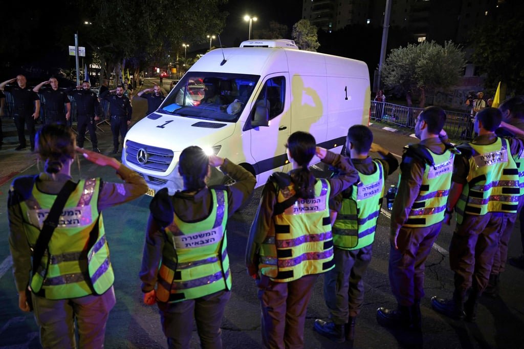A vehicle delivered the bodies of four hostages to the National Centre for Forensic Medicine in Tel Aviv as part of a prisoner exchange between Israel and Palestinians in Gaza. Photo: Xinhua