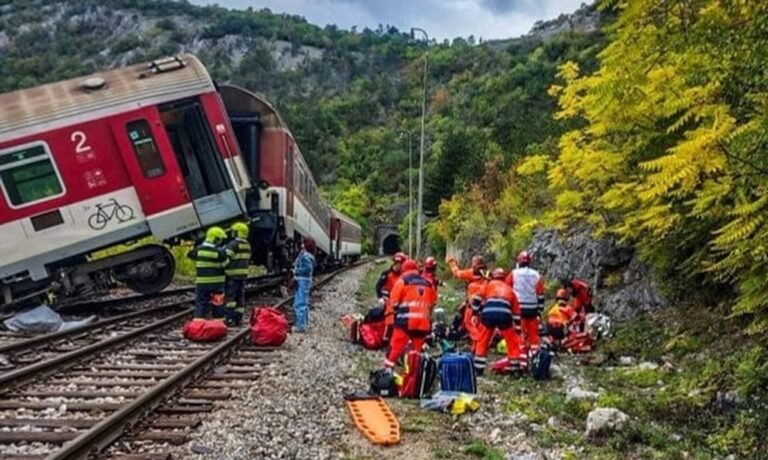 Emergency crews are on the scene in eastern Slovakia on Monday after two trains collided. Photo: Handout