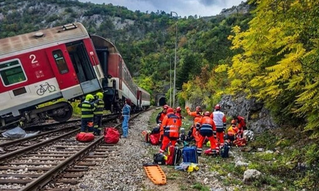 Emergency crews are on the scene in eastern Slovakia on Monday after two trains collided. Photo: Handout