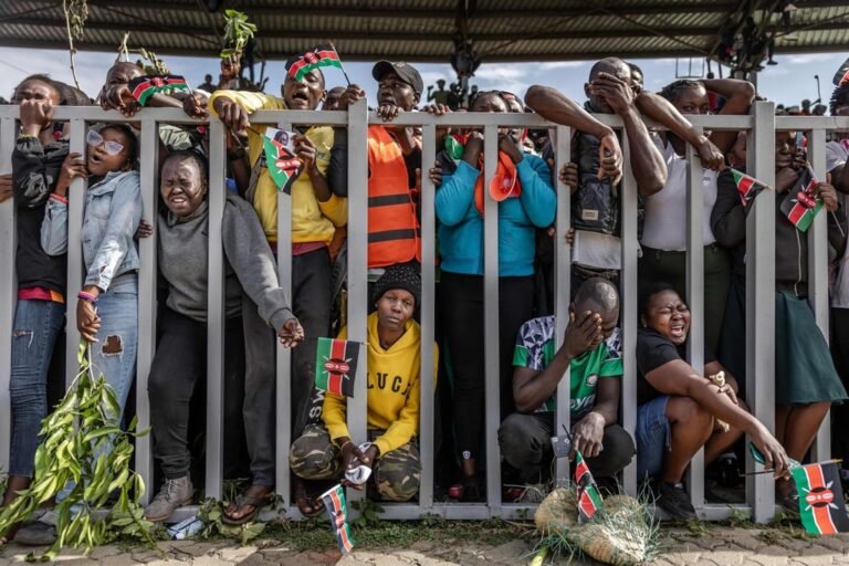 Mourners and supporters of Kenya’s opposition leader Raila Odinga react in grief and tears after seeing Odinga’s coffin arrive in Kisumu on Saturday. Photo: AFP