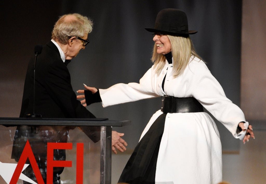 Filmmaker Woody Allen greets actress Diane Keaton onstage to present her with the 45th AFI Life Achievement Award in Los Angeles in June 2017. Photo: AP