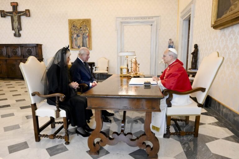 Britain’s King Charles and Queen Camilla with Pope Leo in the Vatican City on Thursday. The British royals are on a state visit to the Vatican marking closer ties between the Catholic Church and Anglican Communion. Photo: Vatican Media via PA Media/dpa