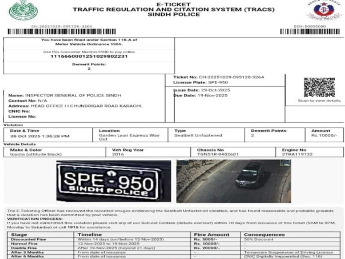 New face-less e-ticketing system issues fine to Karachi Traffic DIG's vehicle  | The Express Tribune