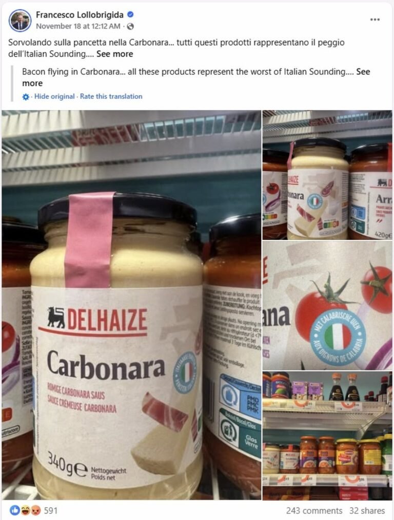 Italy’s agriculture minister Francesco Lollobrigida posted social media pictures of a jar of “carbonara sauce” for sale at a supermarket in Brussels. Image: Facebook//Lollobrigida.F