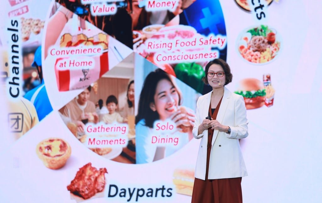 Yum China CEO Joey Wat speaks at the company’s 2025 Investor Conference in Shenzhen. Photo: Handout