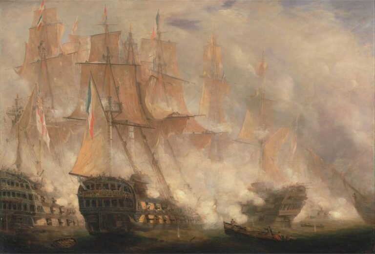 Painting of French ships under fire during the Battle of Trafalgar.