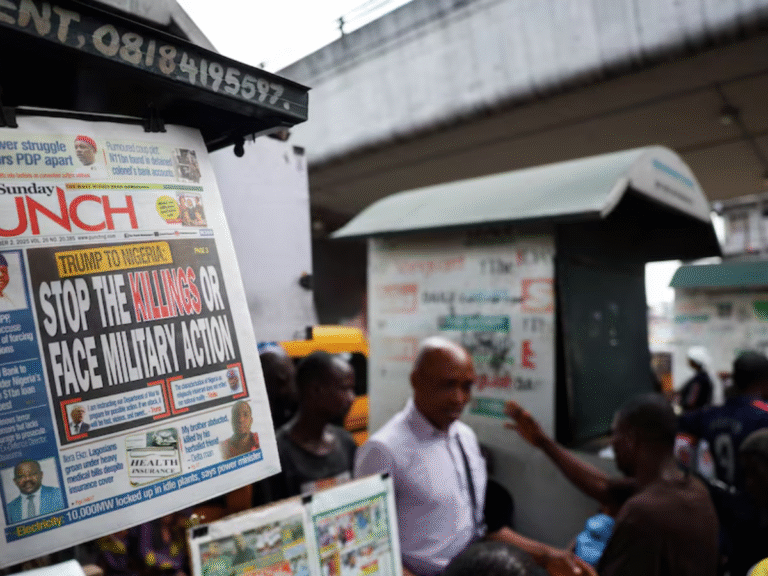 A newspaper with an article reporting US President Donald Trump's message to Nigeria over the treatment of Christians hangs at a newspaper stand in Ojuelegba, Lagos, Nigeria. November 2, 2025 Photo: Reuters