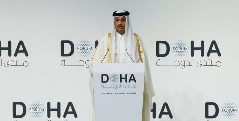 Qatar’s Prime Minister and Minister for Foreign Affairs Sheikh Mohammed bin Abdulrahman bin Jassim Al-Thani speaks at the Doha Forum, in Doha, Qatar, on Saturday. Photo: Reuters