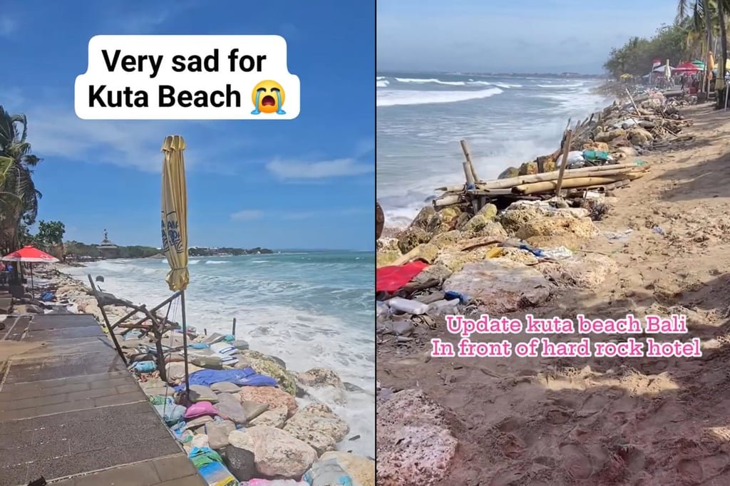 Quite severe: coastal erosion threatens future of Balis famed Kuta Beach 9 Screenshots from videos shared to social media this week showing the erosion of Bali’s iconic Kuta Beach. Photos: Instagram / smithersgnome17 and tim_jimbo
