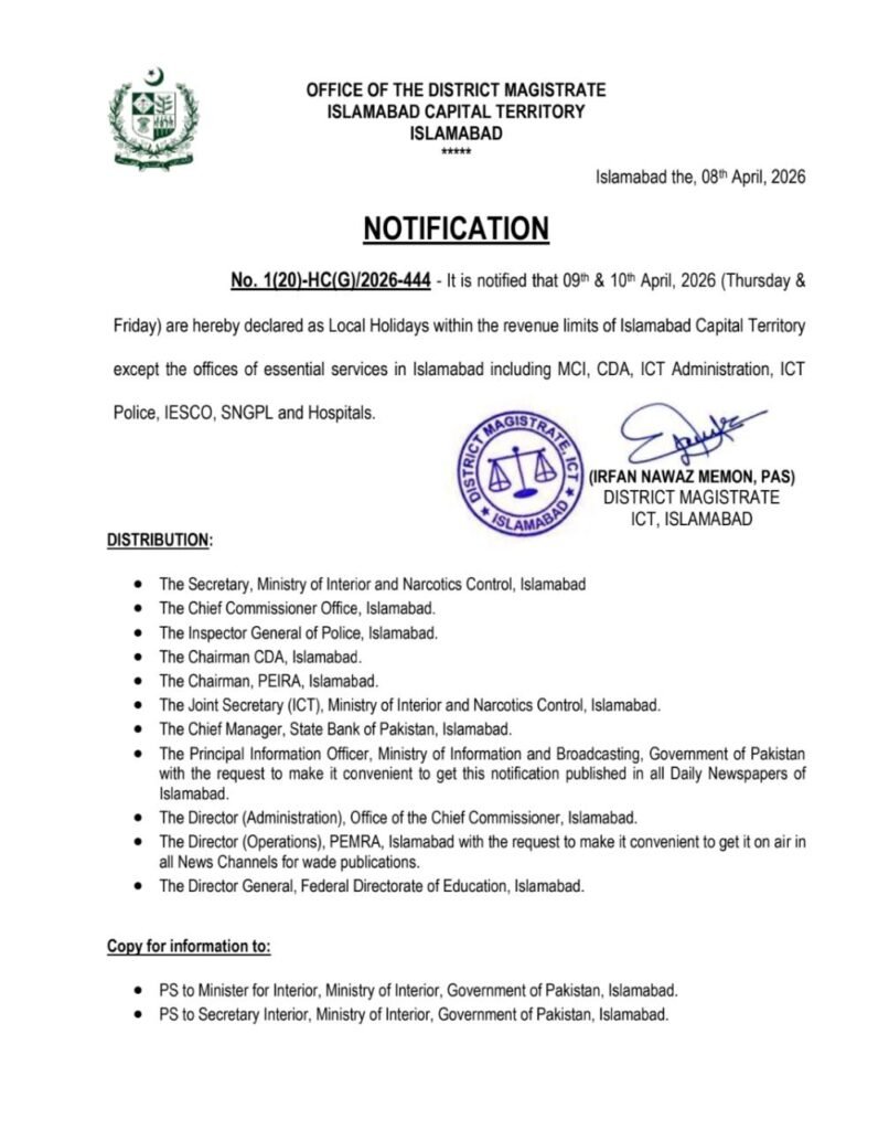 Local Holidays Announced in Islamabad on April 9–10 36 IMG 20260408 WA2265