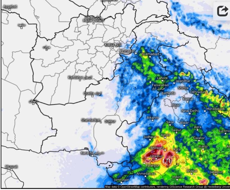 موسم  اگلے 24 سے 36 گھنٹوں کے دوران خطہ پوٹوہار کشمیر بالائی پنجاب جنوبی پنجاب خیبرپختونخواہ گلکت سندھ بلوچستان کے مختلف علاقوں میں گرج چمک کے بارش کا امکان